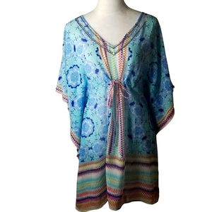 Ellen Weaver Aqua Blues Sleeves Semi- Sheer Boho  Beaded Overlay
